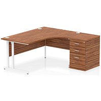 Impulse 1600mm Corner Desk, Right Hand, White Cantilever Leg, Walnut, With 600mm Deep Desk High Pedestal