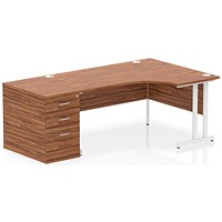 Impulse 1600mm Corner Desk, Right Hand, White Cantilever Leg, Walnut, With 800mm Deep Desk High Pedestal