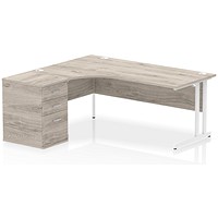 Impulse 1800mm Corner Desk, Left Hand, White Cantilever Leg, Grey Oak, With 600mm Deep Desk High Pedestal