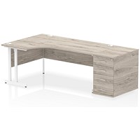 Impulse 1800mm Corner Desk, Left Hand, White Cantilever Leg, Grey Oak, With 800mm Deep Desk High Pedestal