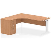 Impulse 1800mm Corner Desk, Left Hand, White Cable Managed Leg, Oak, With 600mm Deep Desk High Pedestal