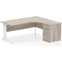 Impulse 1800mm Corner Desk, Right Hand, White Cable Managed Leg, Grey Oak, With 600mm Deep Desk High Pedestal