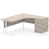 Impulse 1800mm Corner Desk, Right Hand, White Cantilever Leg, Grey Oak, With 600mm Deep Desk High Pedestal