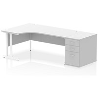 Impulse 1800mm Corner Desk, Left Hand, White Cantilever Leg, White, With 800mm Deep Desk High Pedestal