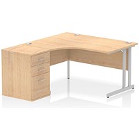 Impulse 1400mm Corner Desk with 600mm Desk High Pedestal, Left Hand, Silver Cantilever Leg, Maple