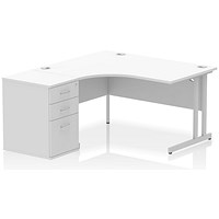 Impulse 1400mm Corner Desk with 600mm Desk High Pedestal, Left Hand, Silver Cantilever Leg, White