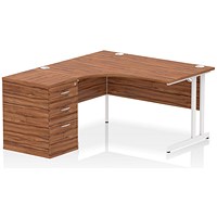 Impulse 1400mm Corner Desk with 600mm Desk High Pedestal, Left Hand, White Cantilever Leg, Walnut