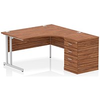 Impulse 1400mm Corner Desk with 600mm Desk High Pedestal, Right Hand, Silver Cantilever Leg, Walnut