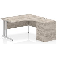 Impulse 1400mm Corner Desk with 600mm Desk High Pedestal, Right Hand, Silver Cantilever Leg, Grey Oak