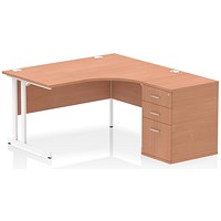 Impulse 1400mm Corner Desk with 600mm Desk High Pedestal, Right Hand, White Cantilever Leg, Beech