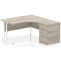 Impulse 1400mm Corner Desk with 600mm Desk High Pedestal, Right Hand, White Cantilever Leg, Grey Oak