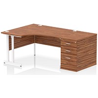 Impulse 1400mm Corner Desk with 800mm Desk High Pedestal, Left Hand, White Cantilever Leg, Walnut