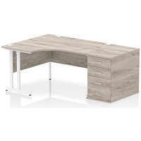 Impulse 1400mm Corner Desk with 800mm Desk High Pedestal, Left Hand, White Cantilever Leg, Grey Oak