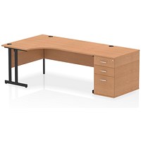 Impulse 1800mm Corner Desk, Left Hand, Black Cantiever Leg, Oak, With 800mm Deep Desk High Pedestal