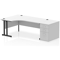 Impulse 1800mm Corner Desk, Left Hand, Black Cantiever Leg, White, With 800mm Deep Desk High Pedestal