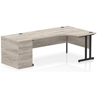 Impulse 1800mm Corner Desk, Right Hand, Black Cantiever Leg, Grey Oak, With 800mm Deep Desk High Pedestal