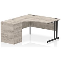 Impulse 1400mm Corner Desk with 600mm Desk High Pedestal, Left Hand, Black Cantilever Leg, Grey Oak