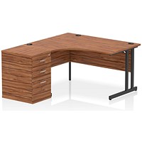 Impulse 1400mm Corner Desk with 600mm Desk High Pedestal, Left Hand, Black Cantilever Leg, Walnut