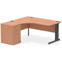 Impulse 1600mm Corner Desk, Left Hand, Black Cable Managed Leg, Beech, With 600mm Deep 3 Drawer Desk High Pedestal