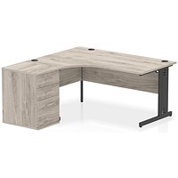 Impulse 1600mm Corner Desk, Left Hand, Black Cable Managed Leg, Grey Oak, With 600mm Deep Desk High Pedestal