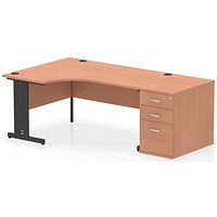 Impulse 1600mm Corner Desk, Left Hand, Black Cable Managed Leg, Beech, With 800mm Deep Desk High Pedestal