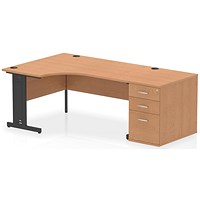 Impulse 1600mm Corner Desk, Left Hand, Black Cable Managed Leg, Oak, With 800mm Deep Desk High Pedestal