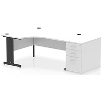 Impulse 1600mm Corner Desk, Left Hand, Black Cable Managed Leg, White, With 800mm Deep Desk High Pedestal