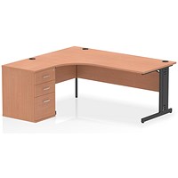 Impulse 1800mm Corner Desk, Left Hand, Black Cable Managed Leg, Beech, With 600mm Deep 3 Drawer Desk High Pedestal