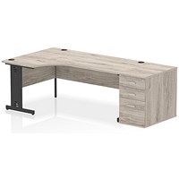 Impulse 1800mm Corner Desk, Left Hand, Black Cable Managed Leg, Grey Oak, With 800mm Deep Desk High Pedestal