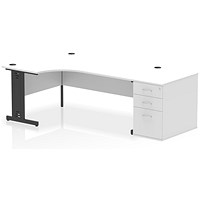 Impulse 1800mm Corner Desk, Left Hand, Black Cable Managed Leg, White, With 800mm Deep Desk High Pedestal