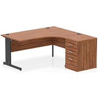 Impulse 1600mm Corner Desk, Right Hand, Black Cable Managed Leg, Walnut, With 600mm Deep Desk High Pedestal