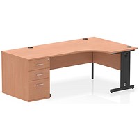 Impulse 1600mm Corner Desk, Right Hand, Black Cable Managed Leg, Beech, With 800mm Deep Desk High Pedestal