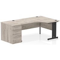 Impulse 1600mm Corner Desk, Right Hand, Black Cable Managed Leg, Grey Oak, With 800mm Deep Desk High Pedestal