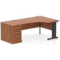 Impulse 1600mm Corner Desk, Right Hand, Black Cable Managed Leg, Walnut, With 800mm Deep Desk High Pedestal