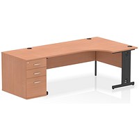 Impulse 1800mm Corner Desk, Right Hand, Black Cable Managed Leg, Beech, With 800mm Deep Desk High Pedestal