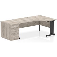 Impulse 1800mm Corner Desk, Right Hand, Black Cable Managed Leg, Grey Oak, With 800mm Deep Desk High Pedestal