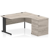 Impulse 1400mm Corner Desk with 600mm Desk High Pedestal, Right Hand, Black Cable Managed Leg, Grey Oak