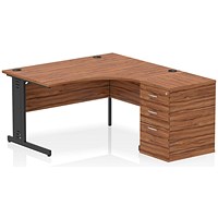 Impulse 1400mm Corner Desk with 600mm Desk High Pedestal, Right Hand, Black Cable Managed Leg, Walnut