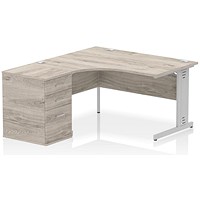 Impulse 1400mm Corner Desk with 600mm Desk High Pedestal, Left Hand, Silver Cable Managed Leg, Grey Oak