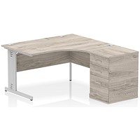 Impulse 1400mm Corner Desk with 600mm Desk High Pedestal, Right Hand, Silver Cable Managed Leg, Grey Oak