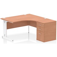 Impulse 1400mm Corner Desk with 600mm Desk High Pedestal, Right Hand, White Cable Managed Leg, Beech