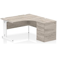 Impulse 1400mm Corner Desk with 600mm Desk High Pedestal, Right Hand, White Cable Managed Leg, Grey Oak