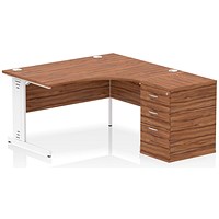 Impulse 1400mm Corner Desk with 600mm Desk High Pedestal, Right Hand, White Cable Managed Leg, Walnut