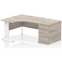 Impulse 1400mm Corner Desk with 800mm Desk High Pedestal, Left Hand, White Cable Managed Leg, Grey Oak