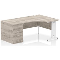 Impulse 1400mm Corner Desk with 800mm Desk High Pedestal, Right Hand, White Cable Managed Leg, Grey Oak