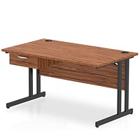 Impulse 1400mm Rectangular Desk with attached Pedestal, Black Cantilever Leg, Walnut