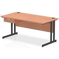 Impulse 1600mm Rectangular Desk with attached Pedestal, Black Cantilever Leg, Beech