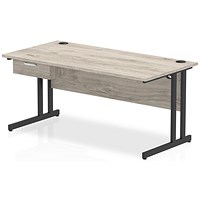 Impulse 1600mm Rectangular Desk with attached Pedestal, Black Cantilever Leg, Grey Oak