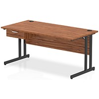 Impulse 1600mm Rectangular Desk with attached Pedestal, Black Cantilever Leg, Walnut