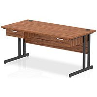 Impulse 1600mm Rectangular Desk with 2 attached Pedestals, Black Cantilever Leg, Walnut